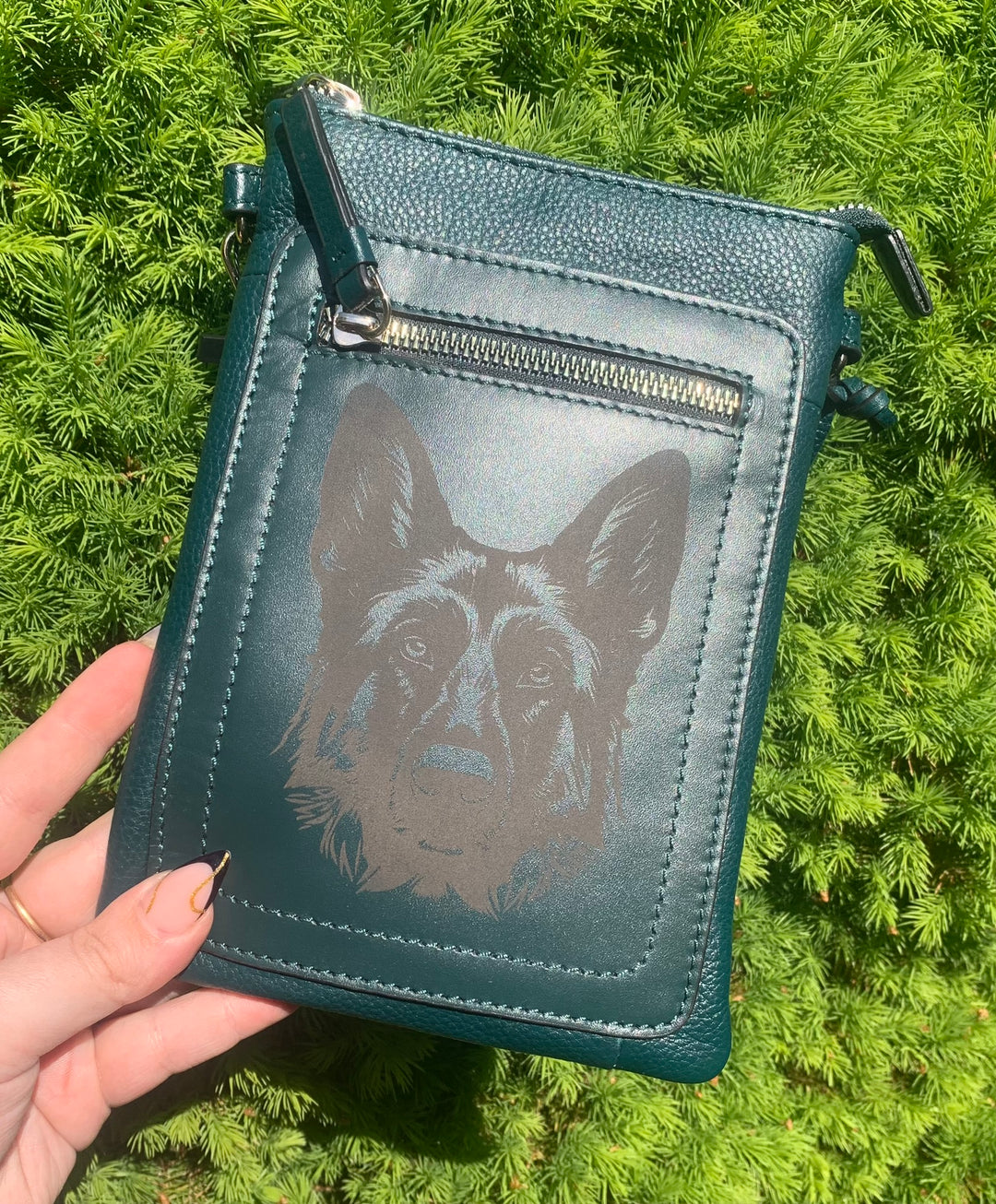 Personalised German Shepherd Alsatian Engraved Leather Crossbody Smart Phone Bag