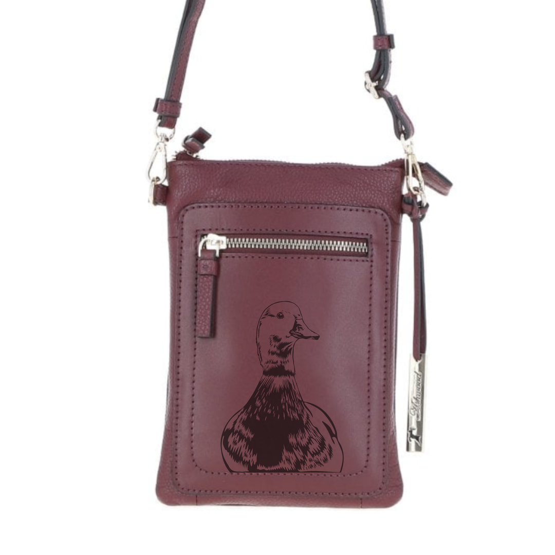 Personalised Duck Engraved Leather Crossbody Smart Phone Bag