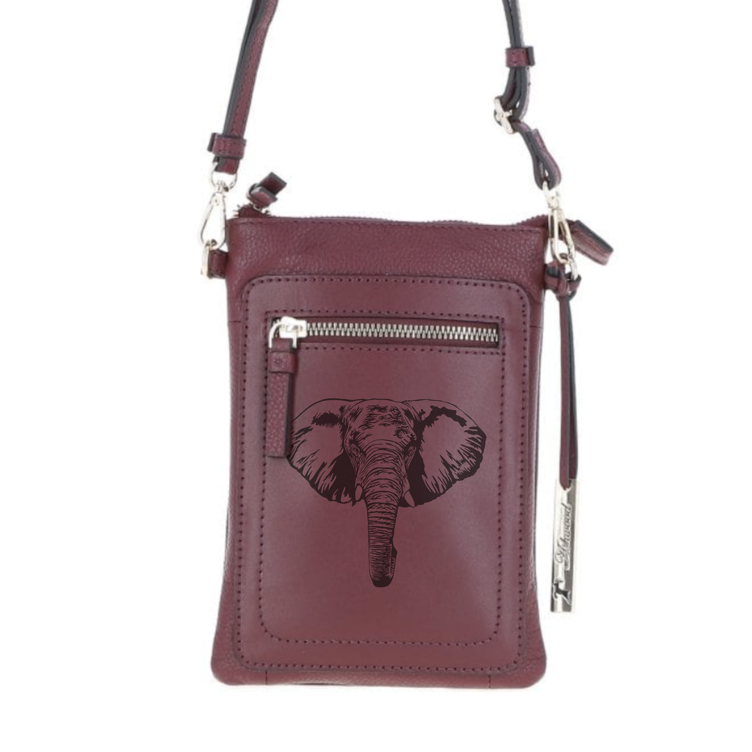 Personalised Elephant Engraved Leather Crossbody Smart Phone Bag