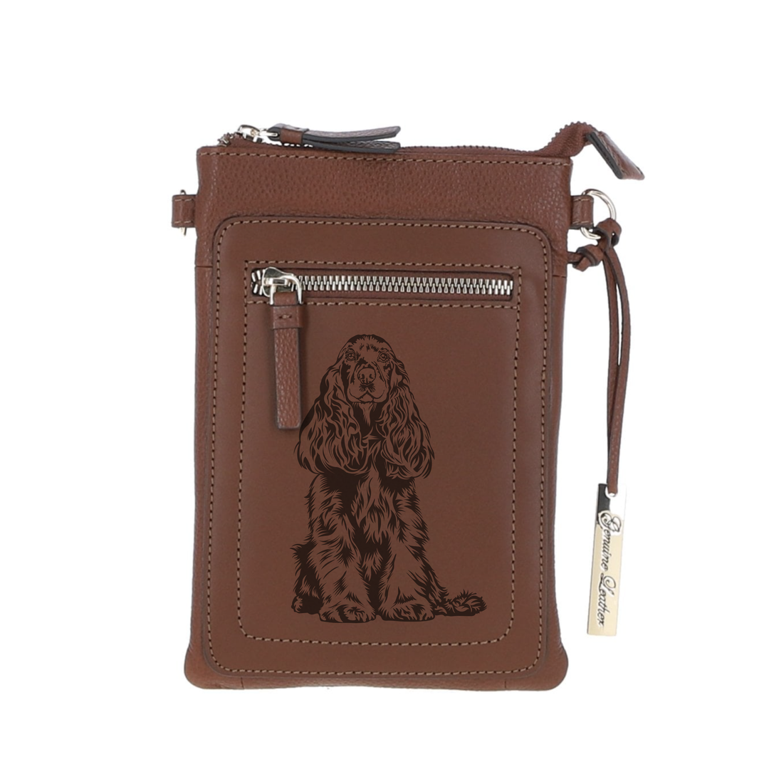 Personalised Cocker Spaniel Engraved Leather Crossbody Smart Phone Bag