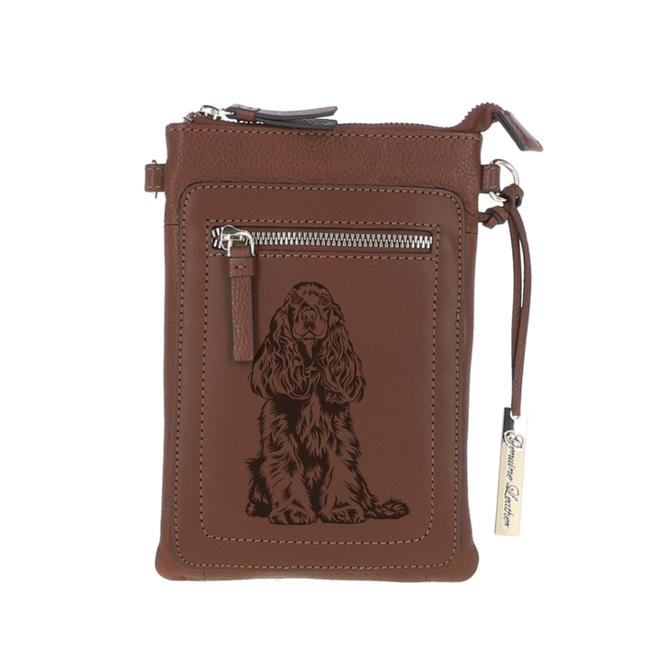 Personalised Cocker Spaniel Engraved Leather Crossbody Smart Phone Bag