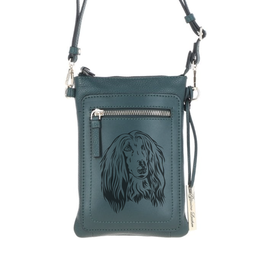 Personalised Afghan Hound Engraved Leather Crossbody Smart Phone Bag