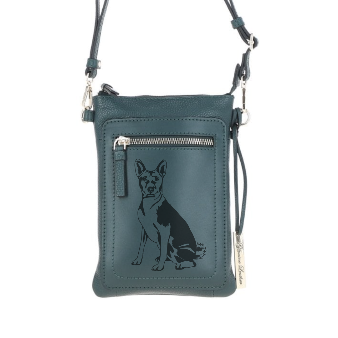 Personalised Basenji Sitting Engraved Leather Crossbody Smart Phone Bag