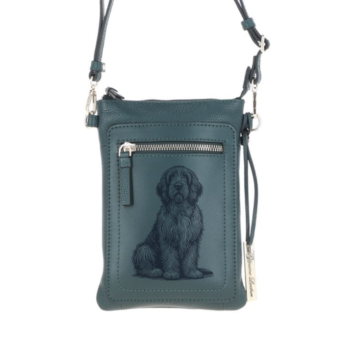 Personalised Grand Basset Griffon Vendeen Sitting Engraved Leather Crossbody Smart Phone Bag