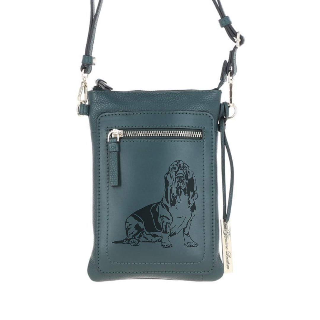 Personalised Basset Hound Engraved Leather Crossbody Smart Phone Bag