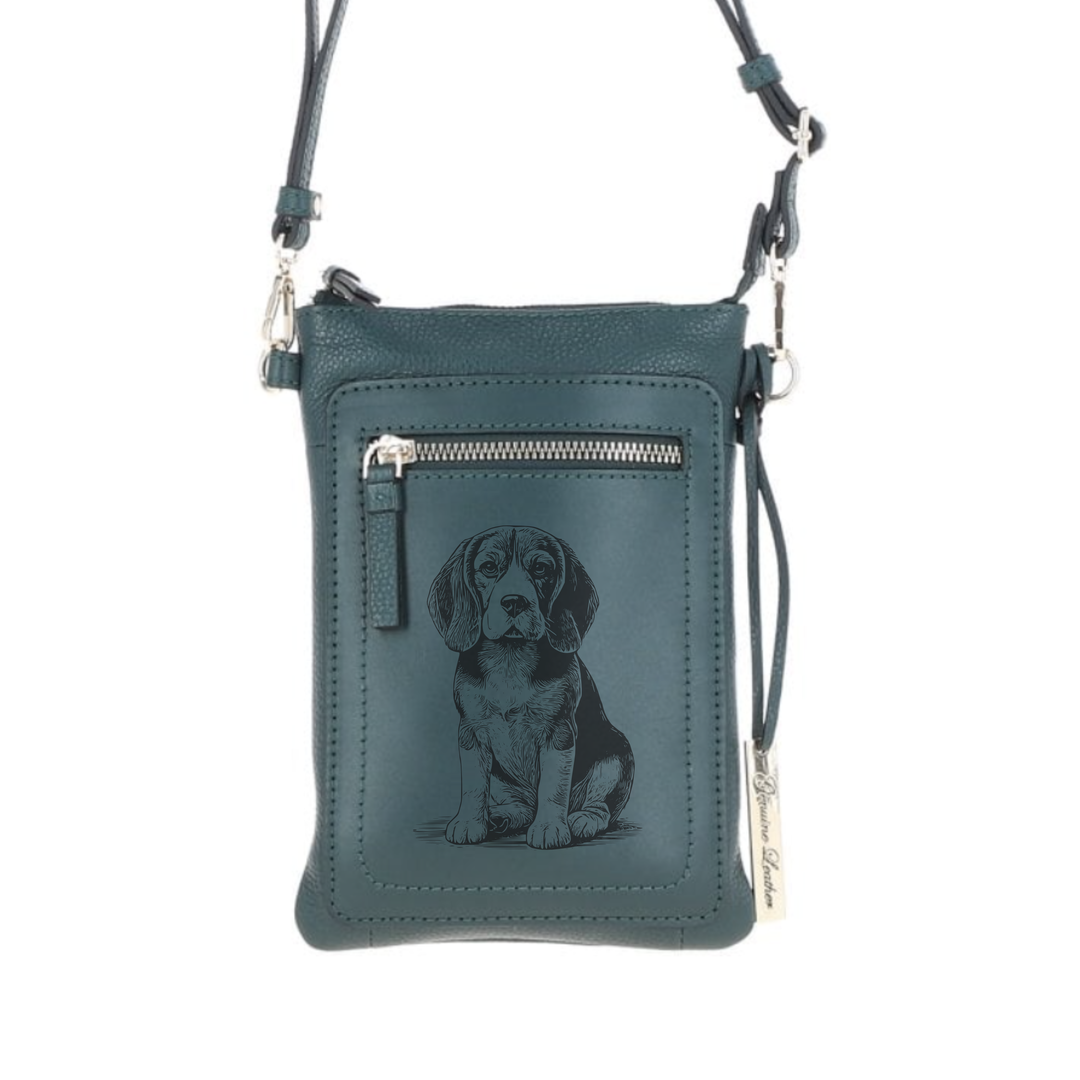 Personalised Sitting Beagle Engraved Leather Crossbody Smart Phone Bag