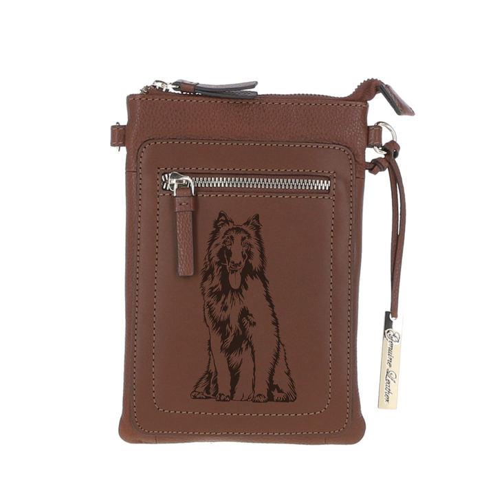 Personalised Belgian Shepherd Engraved Leather Crossbody Smart Phone Bag