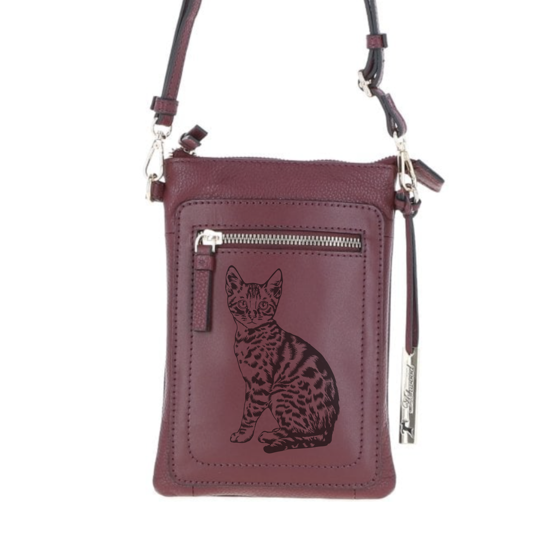 Personalised Bengal Cat Engraved Leather Crossbody Smart Phone Bag
