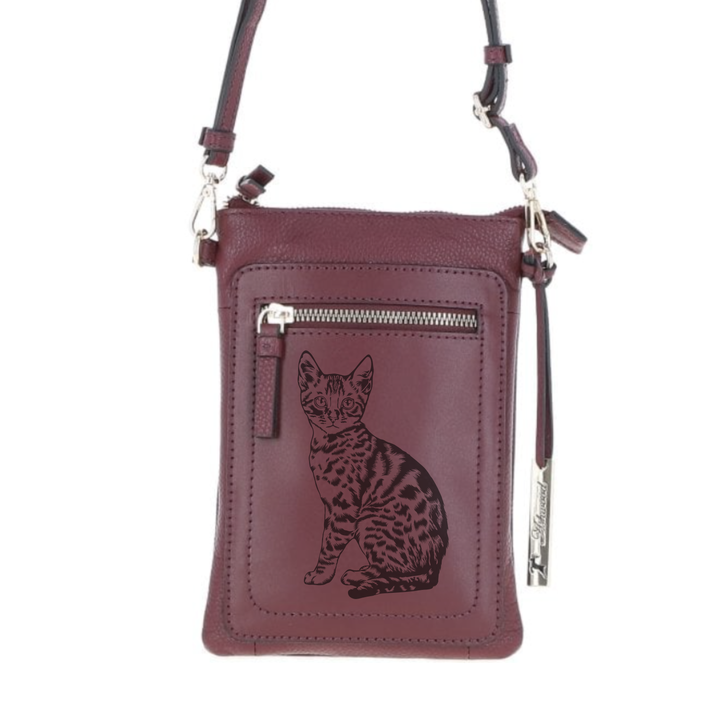 Personalised Bengal Cat Engraved Leather Crossbody Smart Phone Bag
