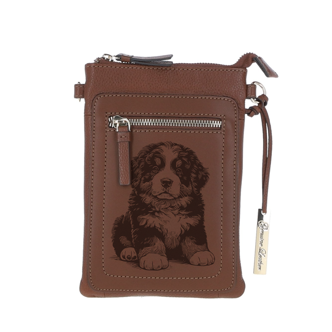 Personalised Bernese Mountain Dog Puppy Engraved Leather Crossbody Smart Phone Bag