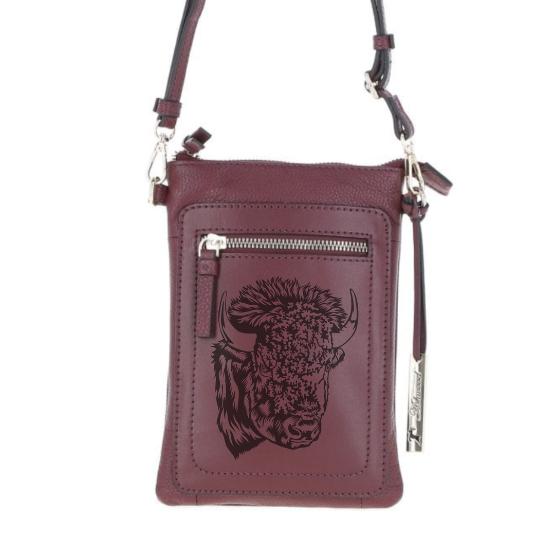 Personalised Bison Engraved Leather Crossbody Smart Phone Bag