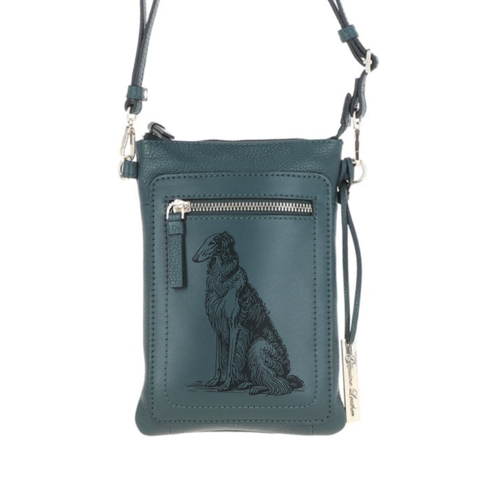 Personalised Sitting Borzoi Engraved Leather Crossbody Smart Phone Bag