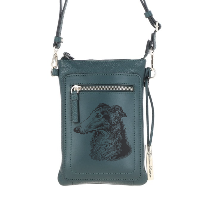 Personalised Borzoi Side Profile Engraved Leather Crossbody Smart Phone Bag