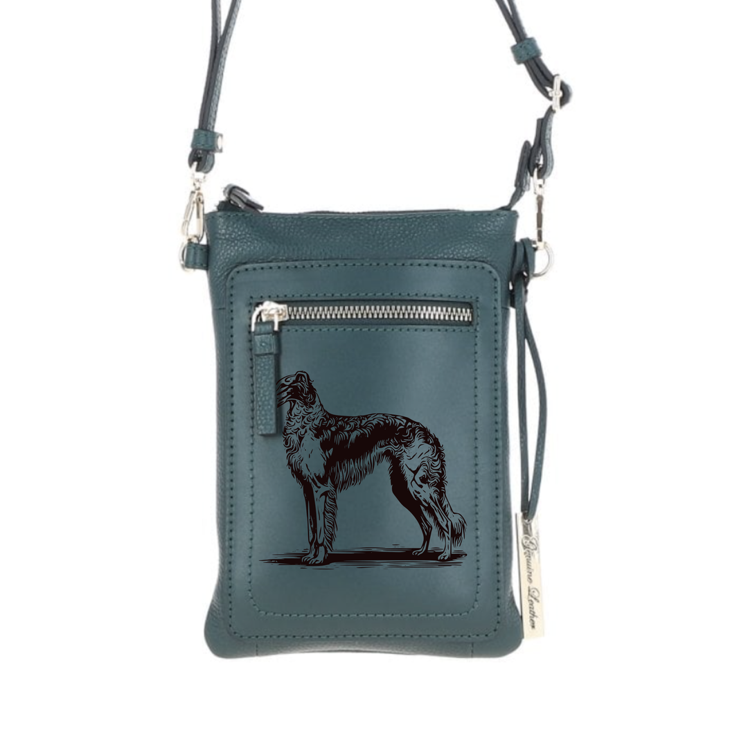 Personalised Standing Borzoi Engraved Leather Crossbody Smart Phone Bag