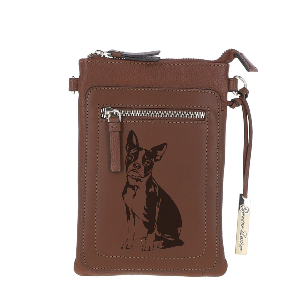 Personalised Boston Terrier Engraved Leather Crossbody Smart Phone Bag