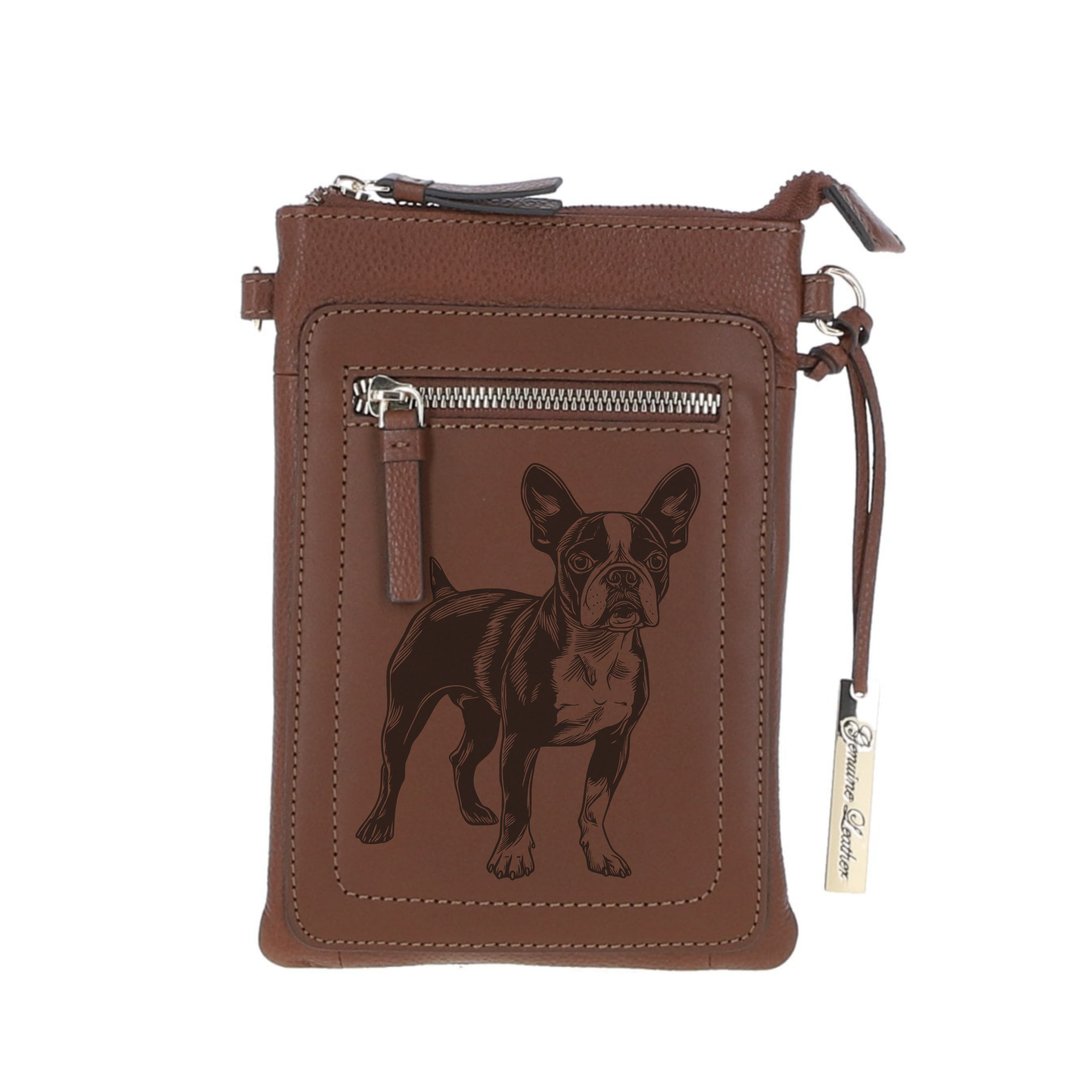Personalised Boston Terrier Standing Engraved Leather Crossbody Smart Phone Bag