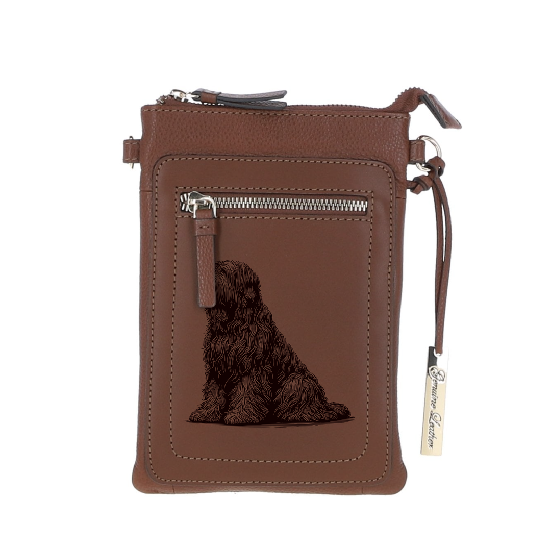 Personalised Briard Sitting Engraved Leather Crossbody Smart Phone Bag