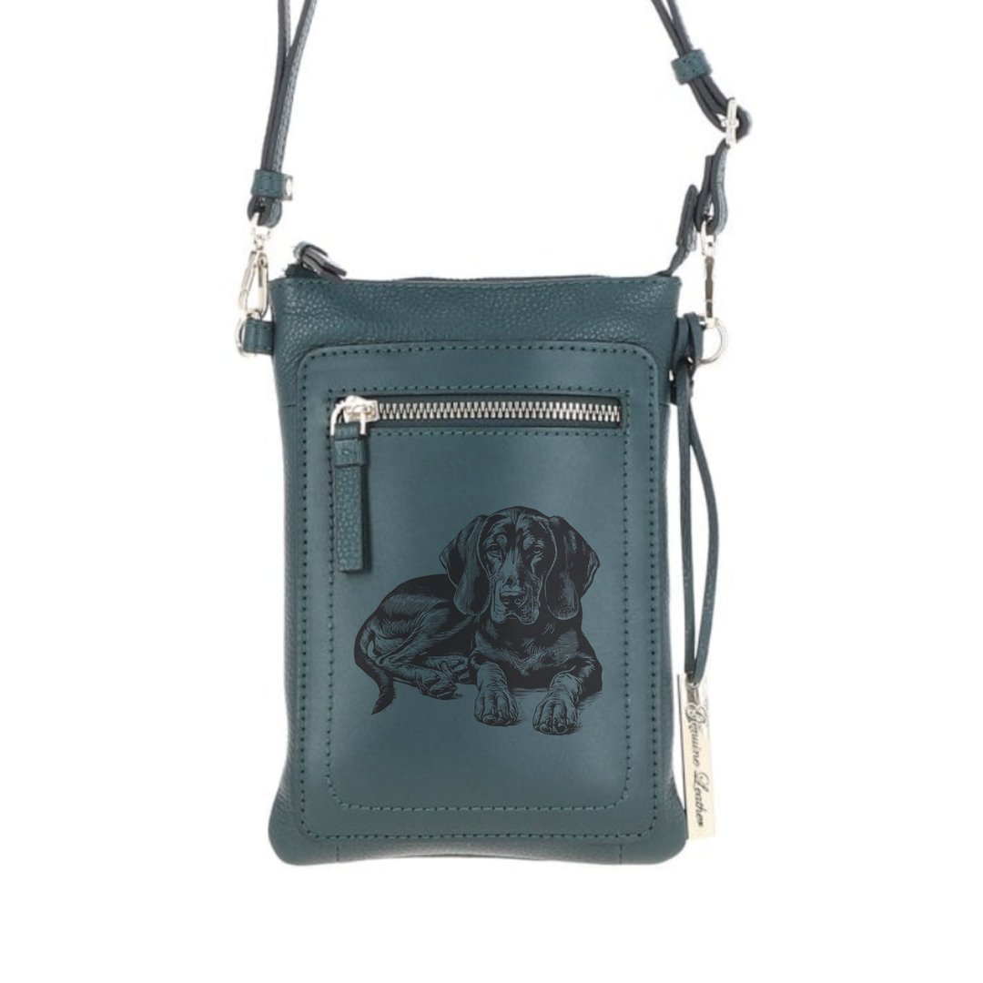 Personalised Black & Tan Coonhound LD Engraved Leather Crossbody Smart Phone Bag