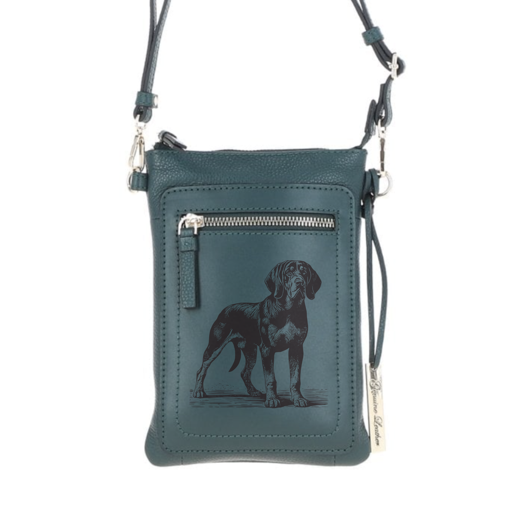 Personalised Black & Tan Coonhound Standing Engraved Leather Crossbody Smart Phone Bag