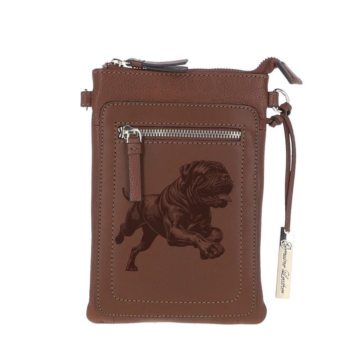 Personalised Bullmastiff Running Engraved Leather Crossbody Smart Phone Bag