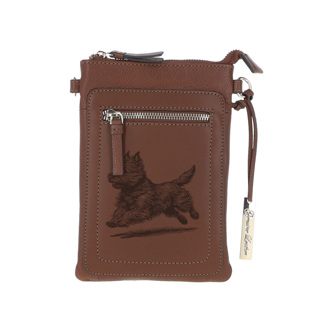 Personalised Cairn Terrier Running Engraved Leather Crossbody Smart Phone Bag