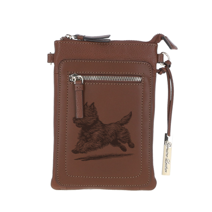 Personalised Cairn Terrier Running Engraved Leather Crossbody Smart Phone Bag