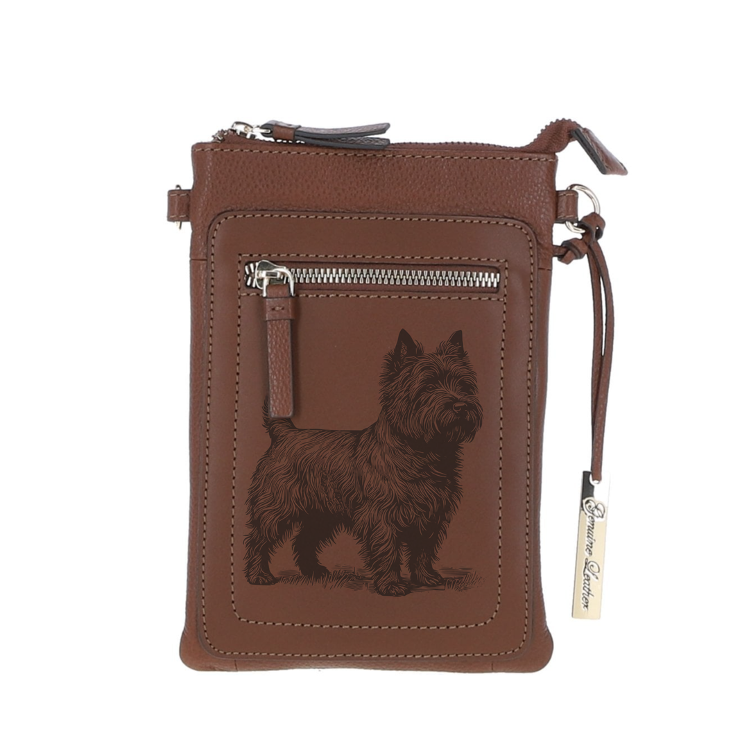 Personalised Cairn Terrier Standing R Engraved Leather Crossbody Smart Phone Bag