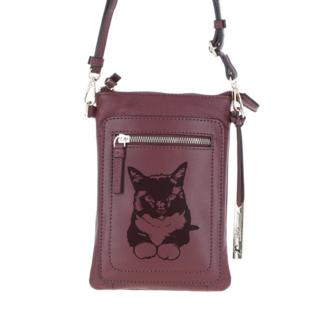 Personalised Cat Engraved Leather Crossbody Smart Phone Bag