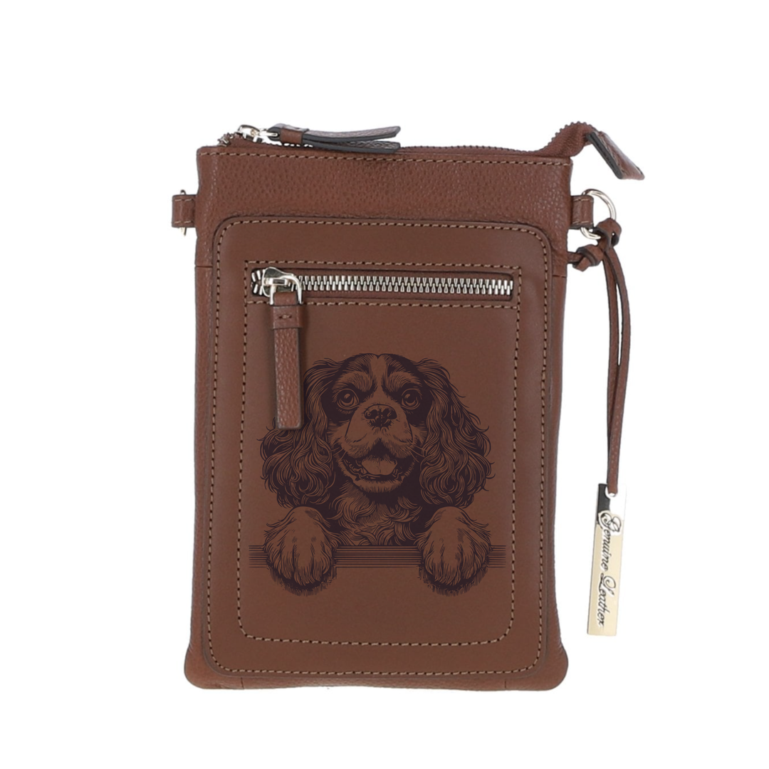 Personalised King Charles Cavalier Paws Engraved Leather Crossbody Smart Phone Bag