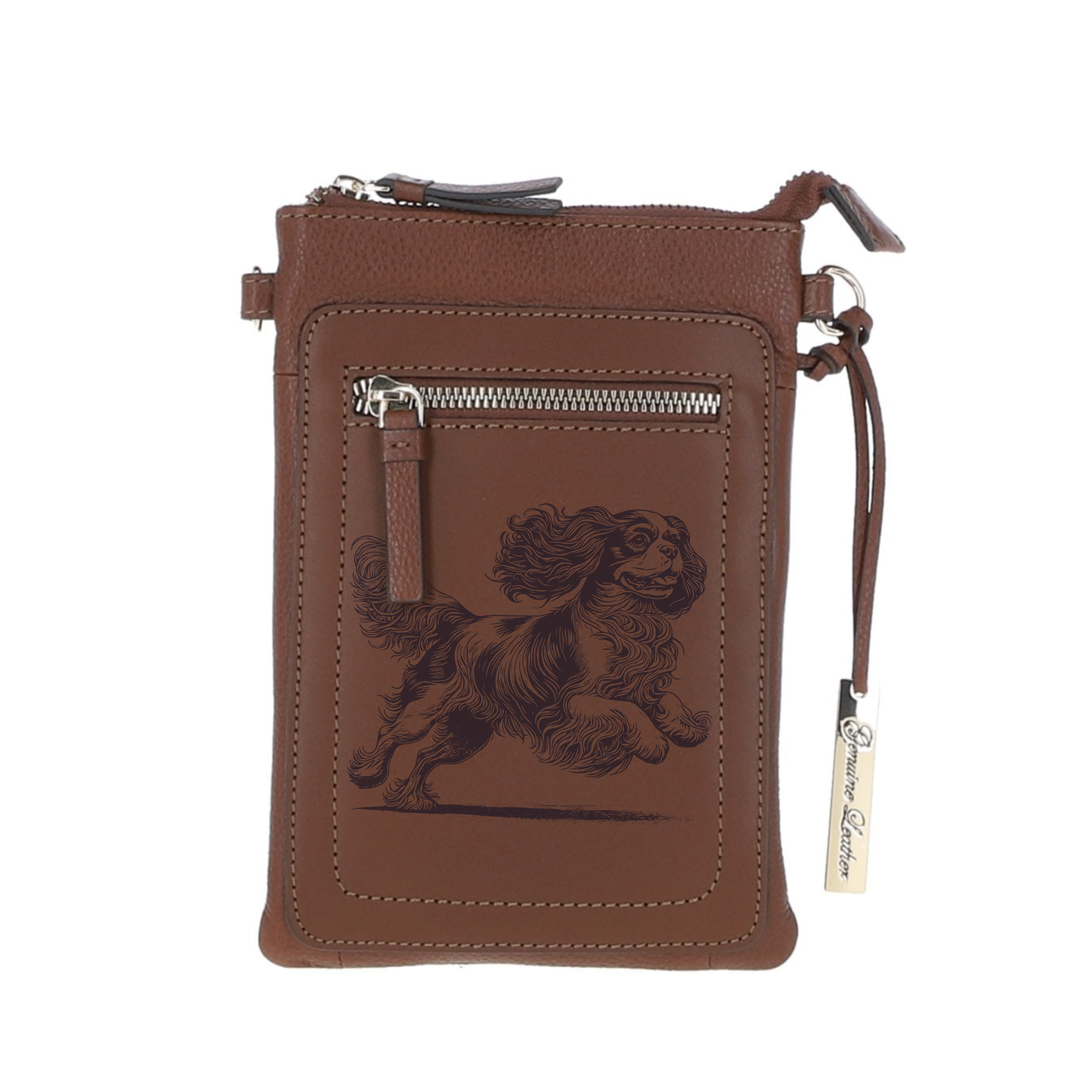 Personalised King Charles Cavalier Running Engraved Leather Crossbody Smart Phone Bag
