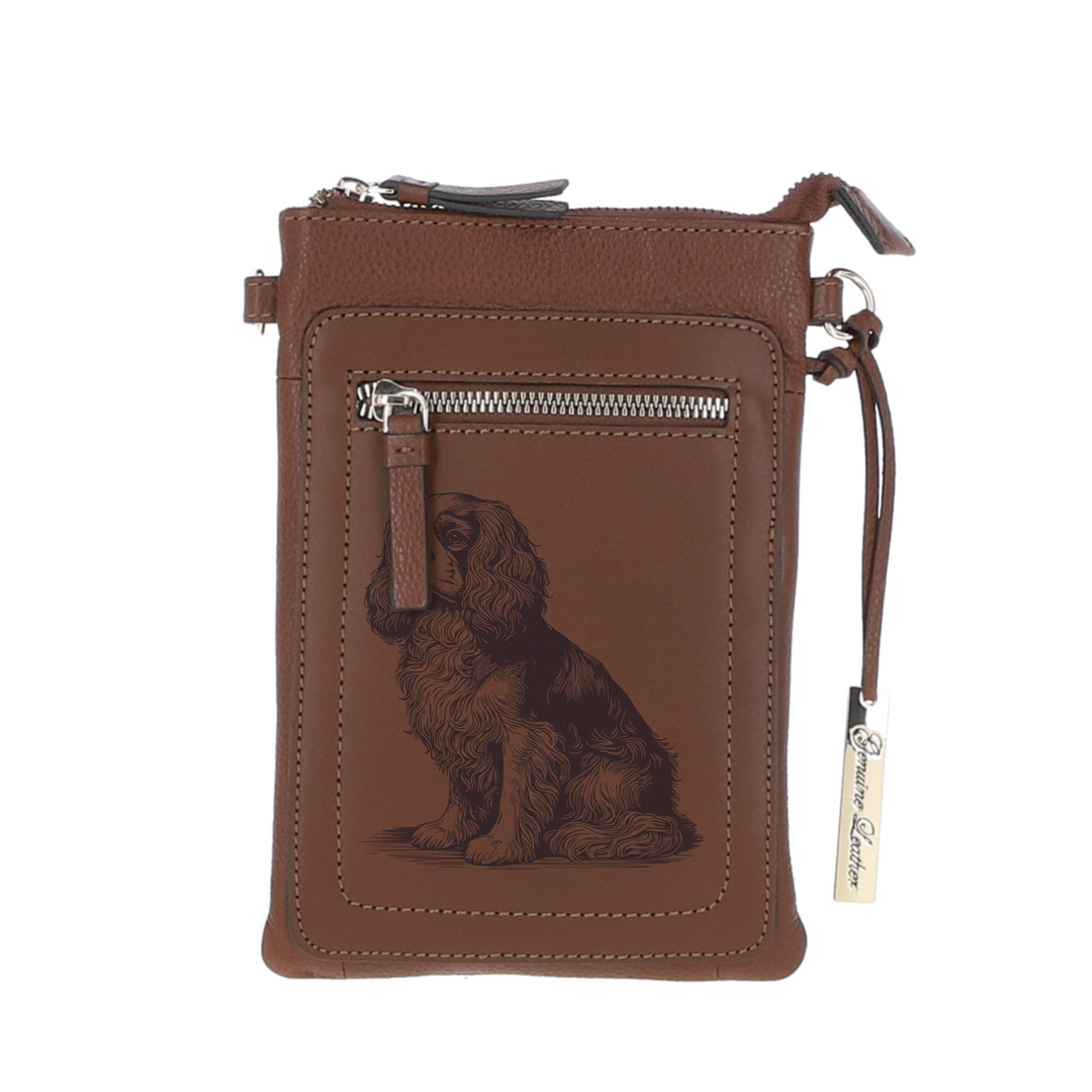 Personalised King Charles Cavalier S Engraved Leather Crossbody Smart Phone Bag
