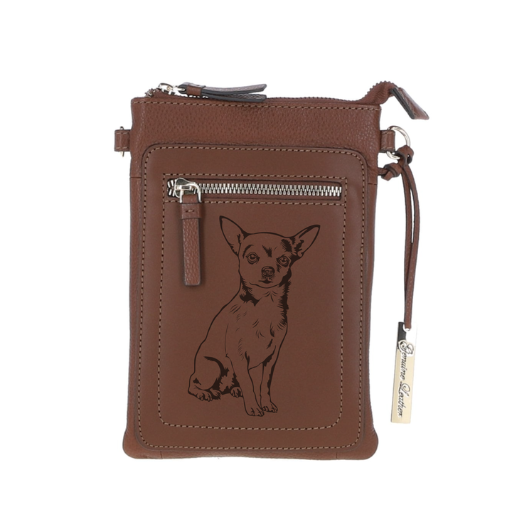 Personalised White Chihuahua Engraved Leather Crossbody Smart Phone Bag