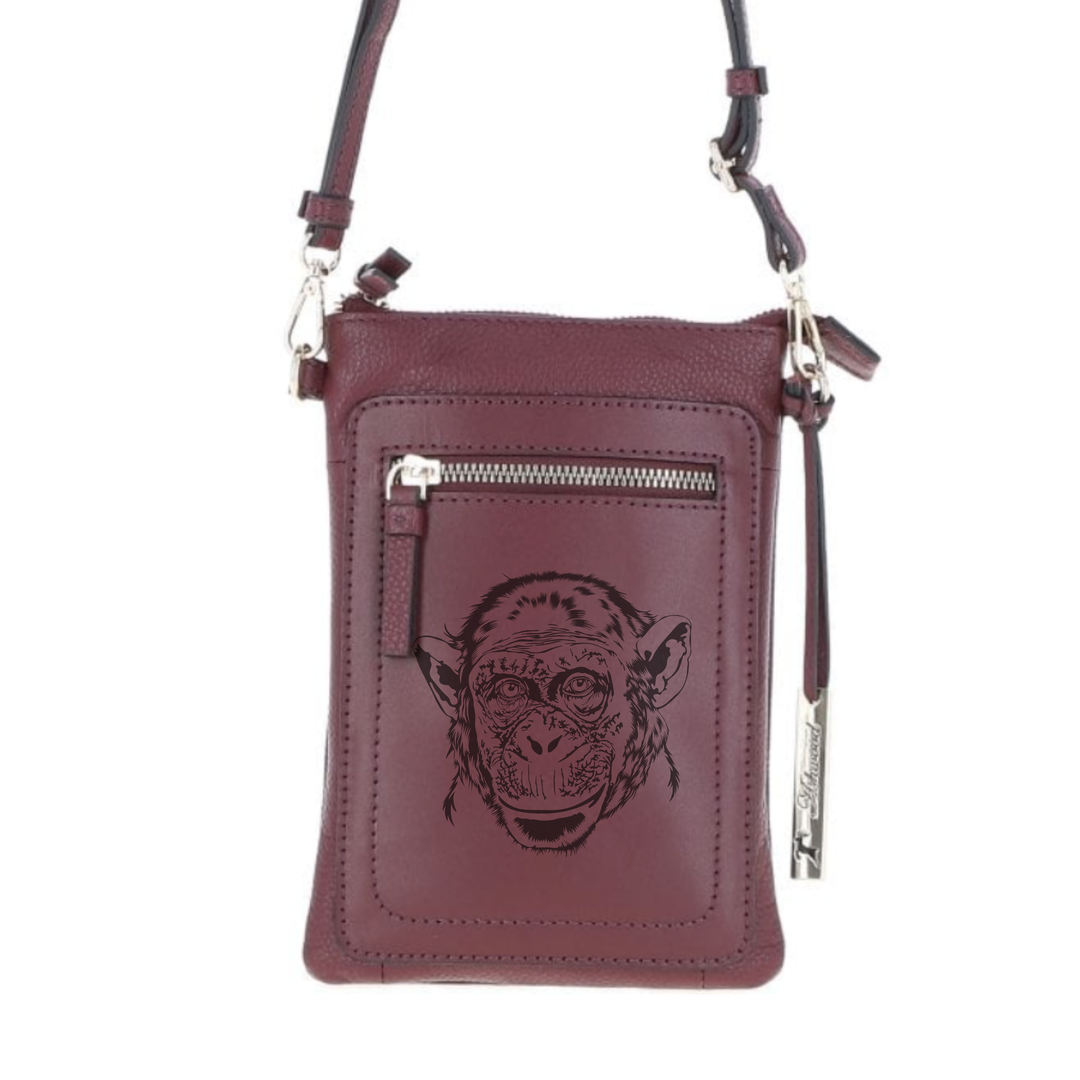 Personalised Chimpanzee Engraved Leather Crossbody Smart Phone Bag
