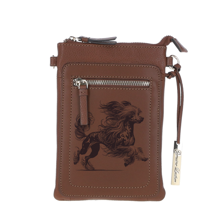 Personalised Chinese Crested Running Engraved Leather Crossbody Smart Phone Bag