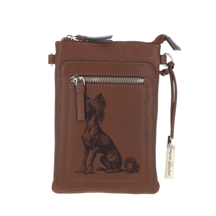 Personalised Chinese Crested Sitting Engraved Leather Crossbody Smart Phone Bag