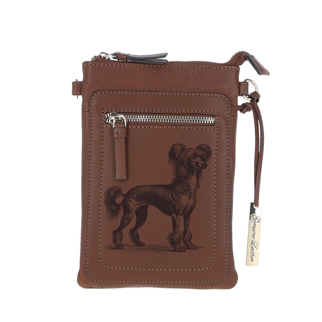 Personalised Chinese Crested Standing Engraved Leather Crossbody Smart Phone Bag