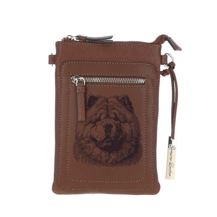 Personalised Chow Chow Engraved Leather Crossbody Smart Phone Bag