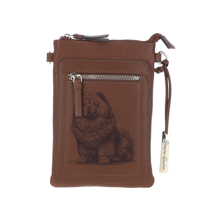 Personalised Chow Chow Sitting L Engraved Leather Crossbody Smart Phone Bag