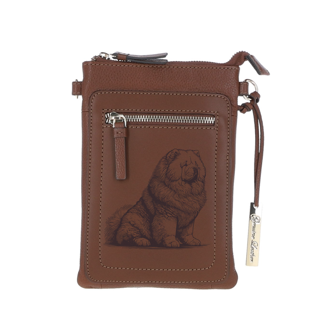 Personalised Chow Chow Sitting R Engraved Leather Crossbody Smart Phone Bag