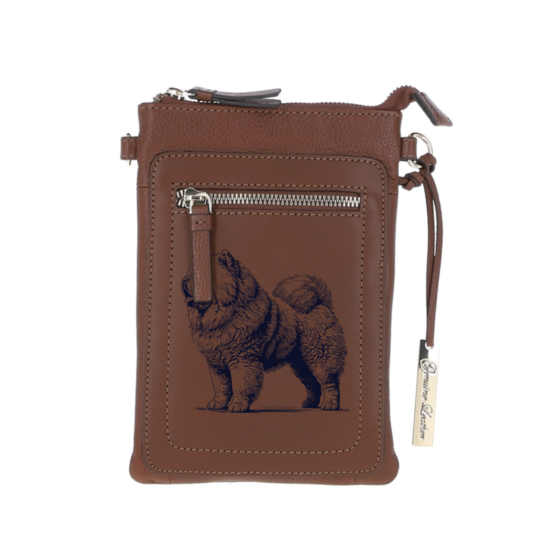 Personalised Chow Chow Standing L Engraved Leather Crossbody Smart Phone Bag
