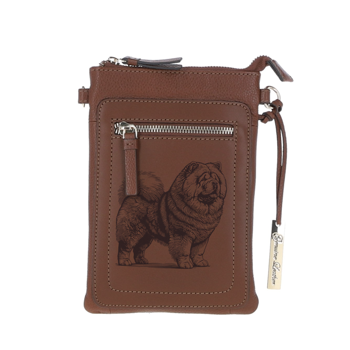 Personalised Chow Chow Standing R Engraved Leather Crossbody Smart Phone Bag