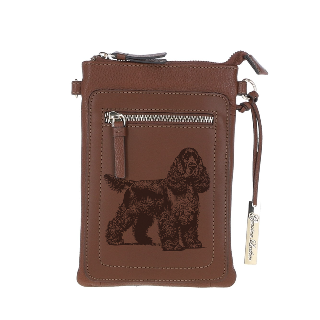 Personalised English Cocker Spaniel Standing Engraved Leather Crossbody Smart Phone Bag