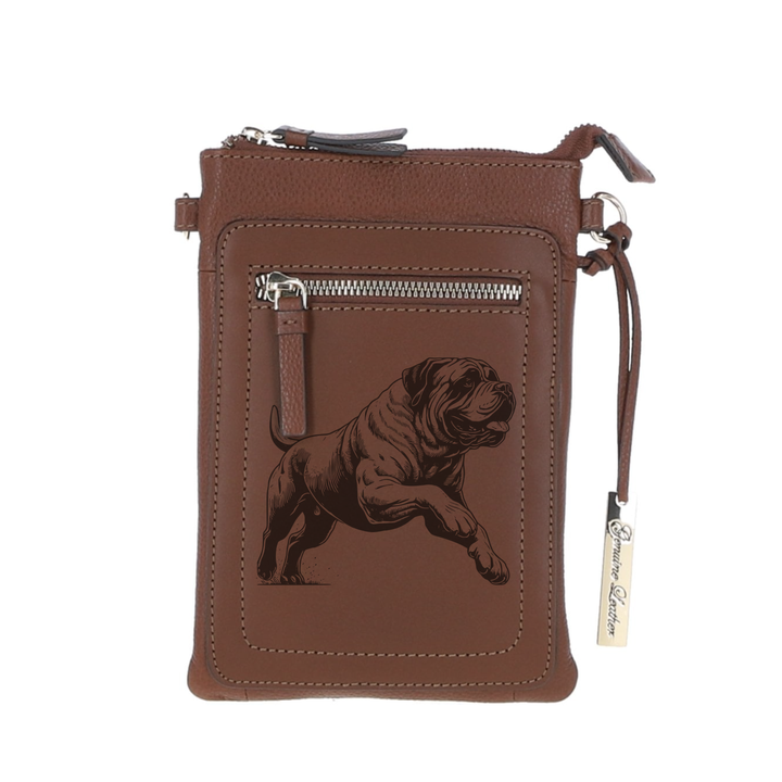 Personalised English Mastiff Running Engraved Leather Crossbody Smart Phone Bag