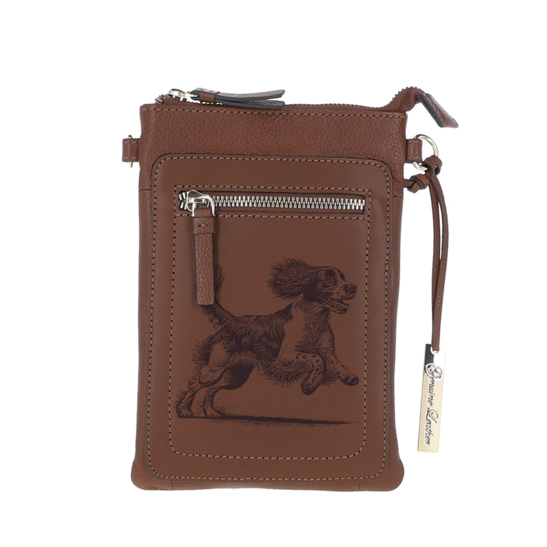 Personalised English Springer Spaniel Running Engraved Leather Crossbody Smart Phone Bag