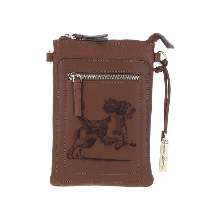 Personalised English Springer Spaniel Running Engraved Leather Crossbody Smart Phone Bag