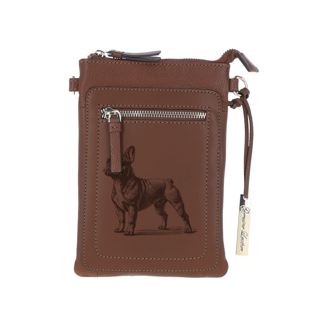 Personalised French Bulldog Standing Engraved Leather Crossbody Smart Phone Bag