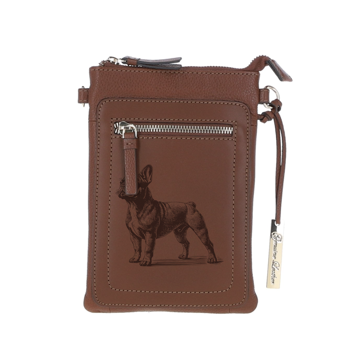 Personalised French Bulldog Standing Engraved Leather Crossbody Smart Phone Bag