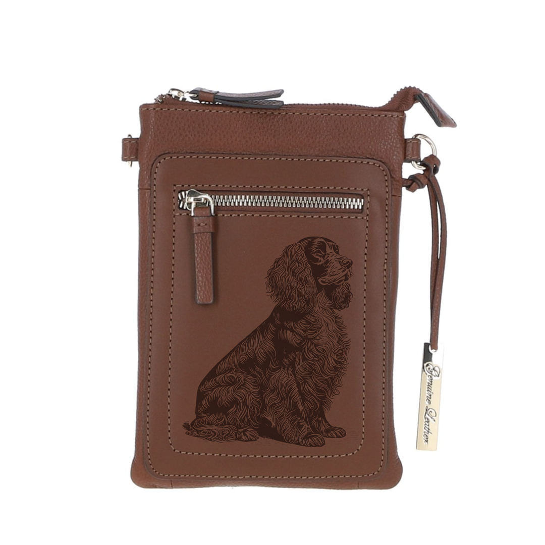 Personalised Field Spaniel Sitting Engraved Leather Crossbody Smart Phone Bag