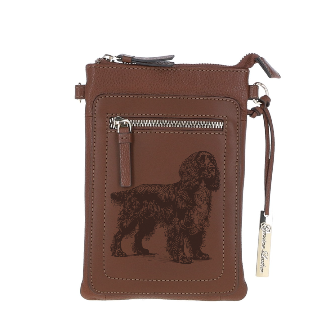 Personalised Field Spaniel Standing Engraved Leather Crossbody Smart Phone Bag