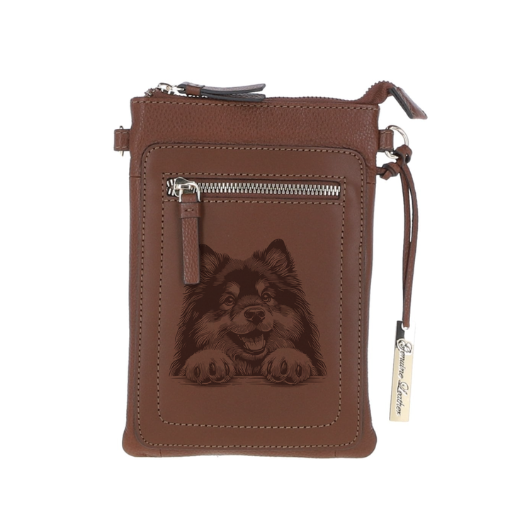Personalised Finnish Lapphund Paws Engraved Leather Crossbody Smart Phone Bag